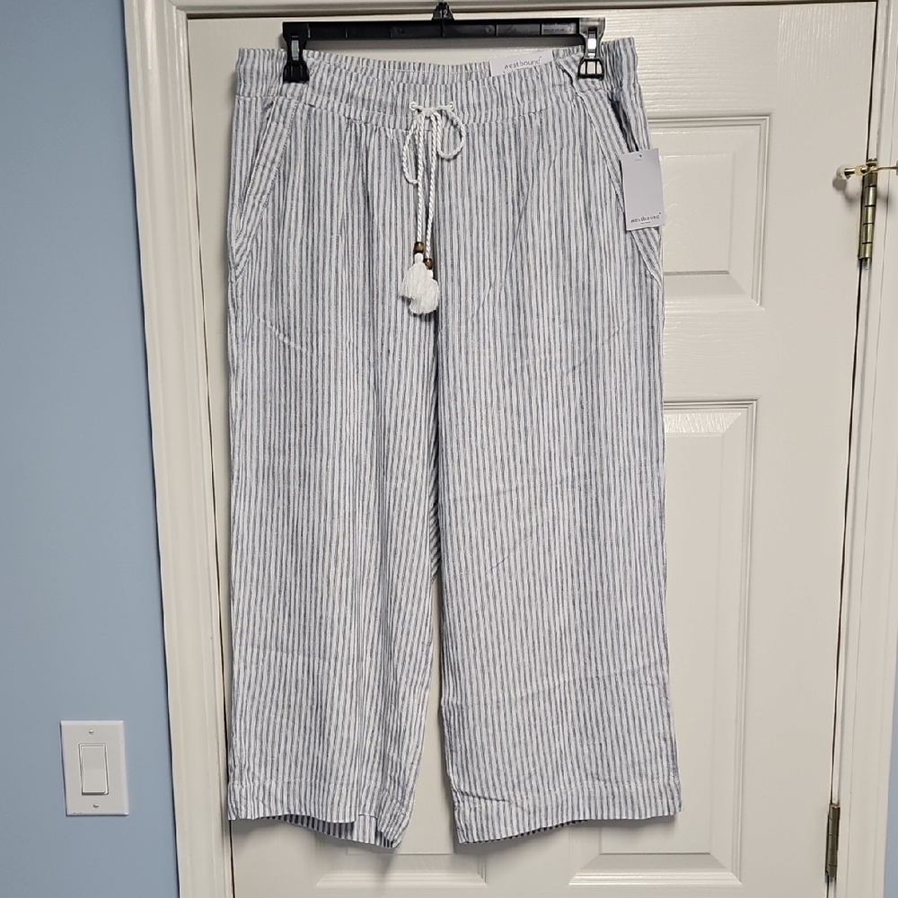 Westbound‎ Linen Blend Mid Rise Straight Leg Lightweight Pant: Blue/White Stripe